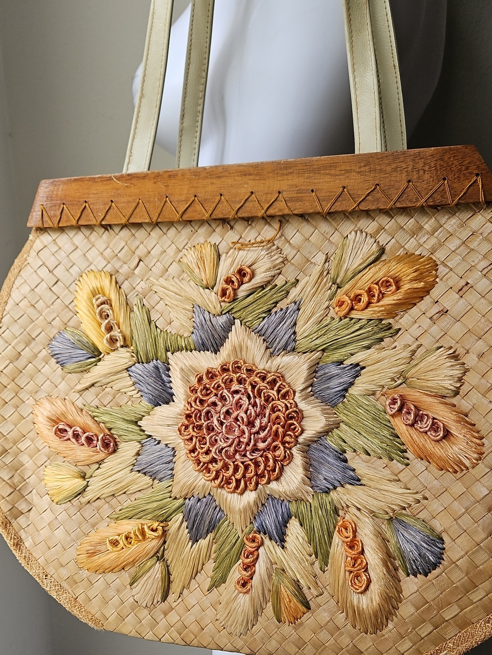 Embroidered Straw Tote Bag in Cream with Floral Design